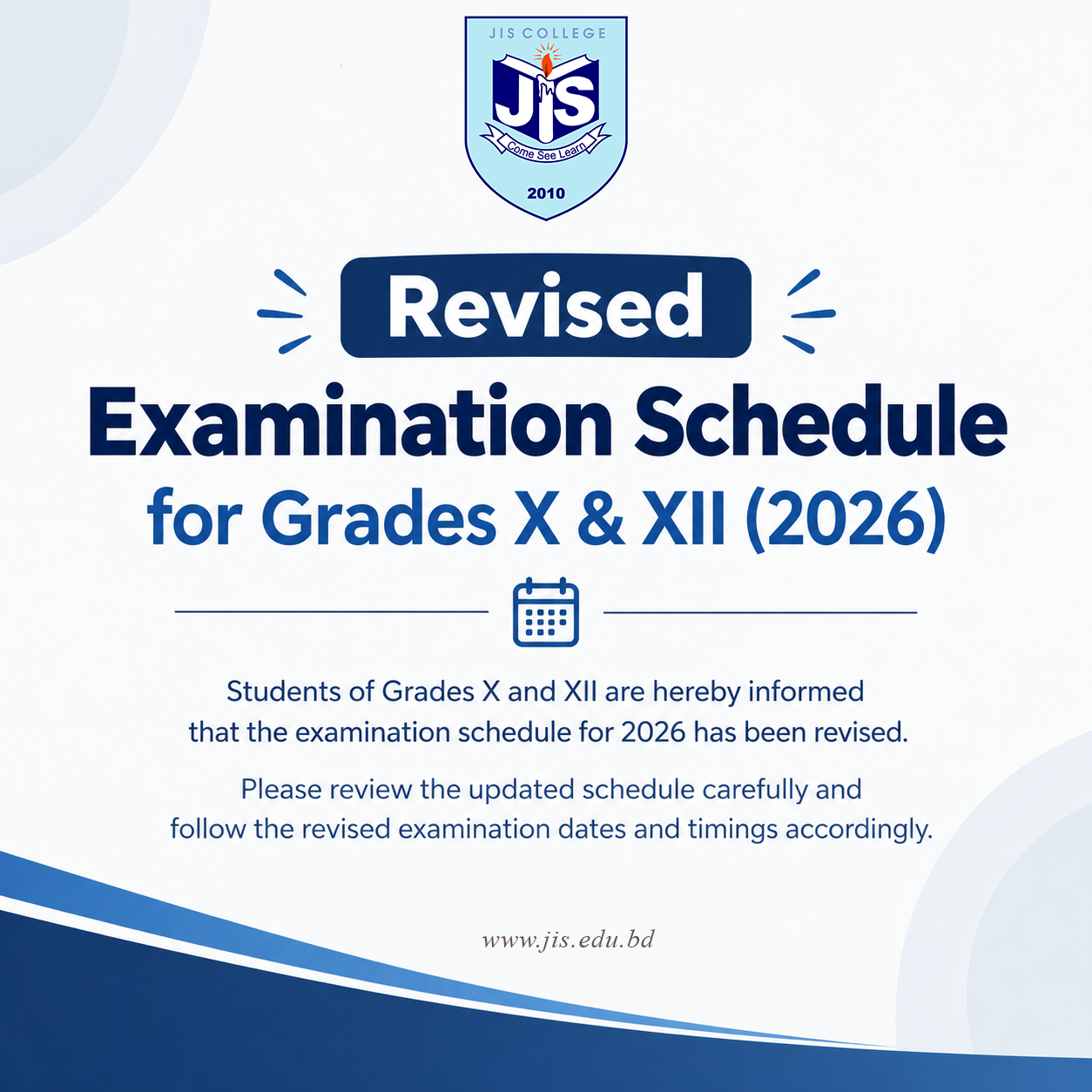JIS College notice: Revised Examination Schedule for Grades X and XII (2026)